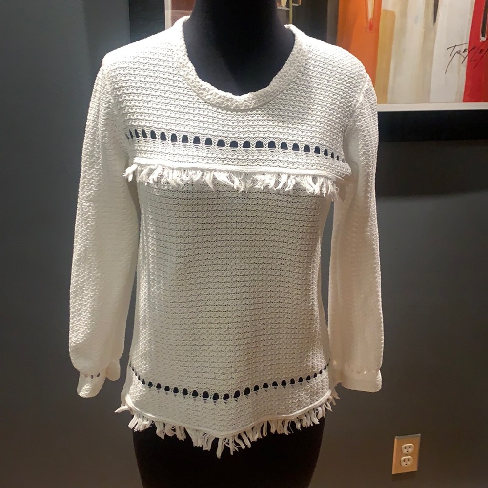 J. Crew Cream Fringe Open-Knit Crewneck Sweater